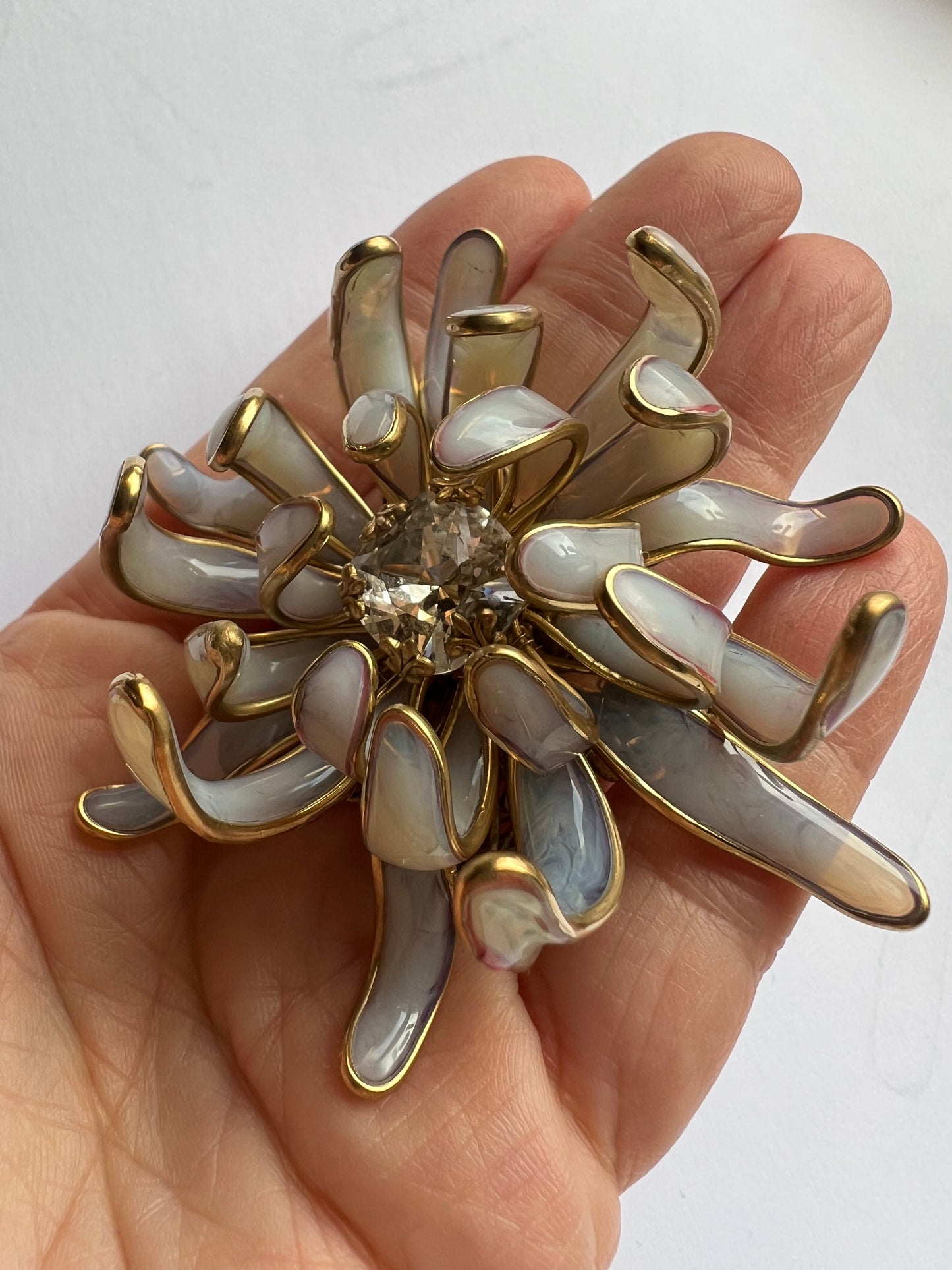 Chrysanthemum poured glass brooch in ethereal “porcelain”