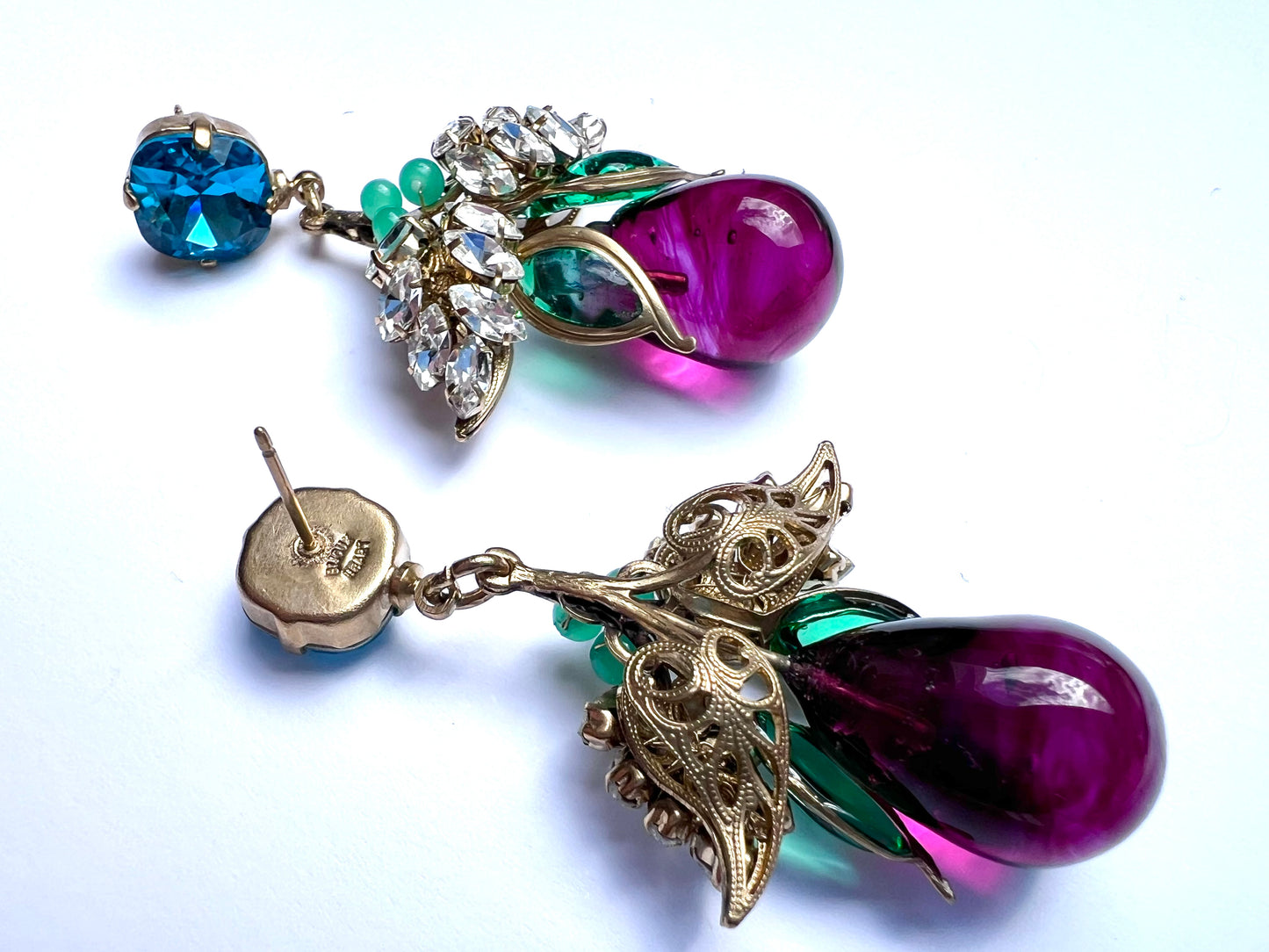 Stunning deep shocking pink & emerald poured glass earrings