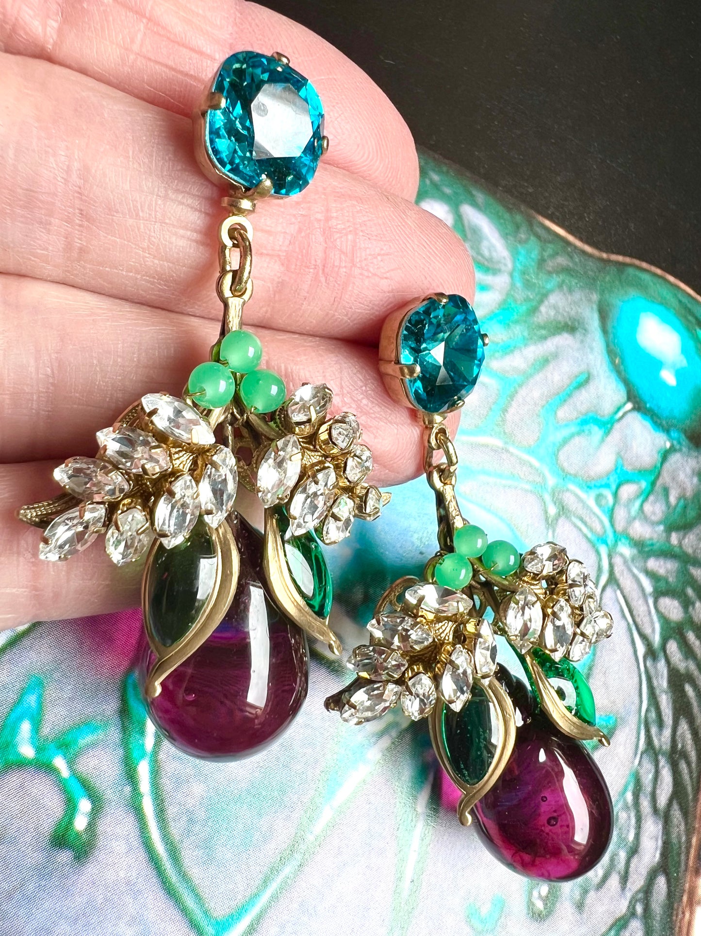 Stunning deep shocking pink & emerald poured glass earrings