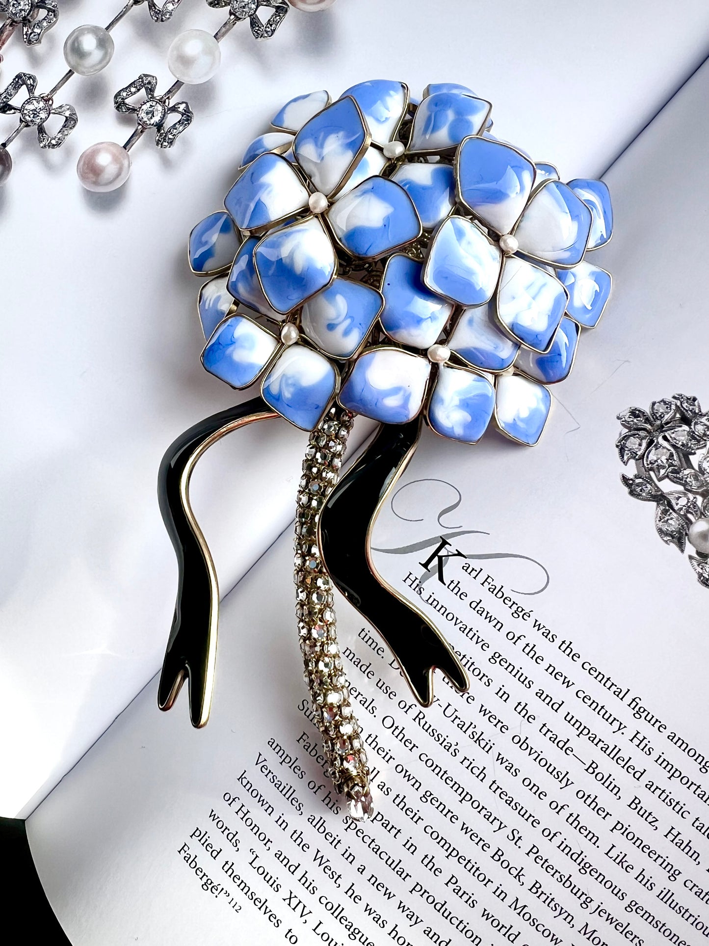 Blue hydrangea bouquet brooch