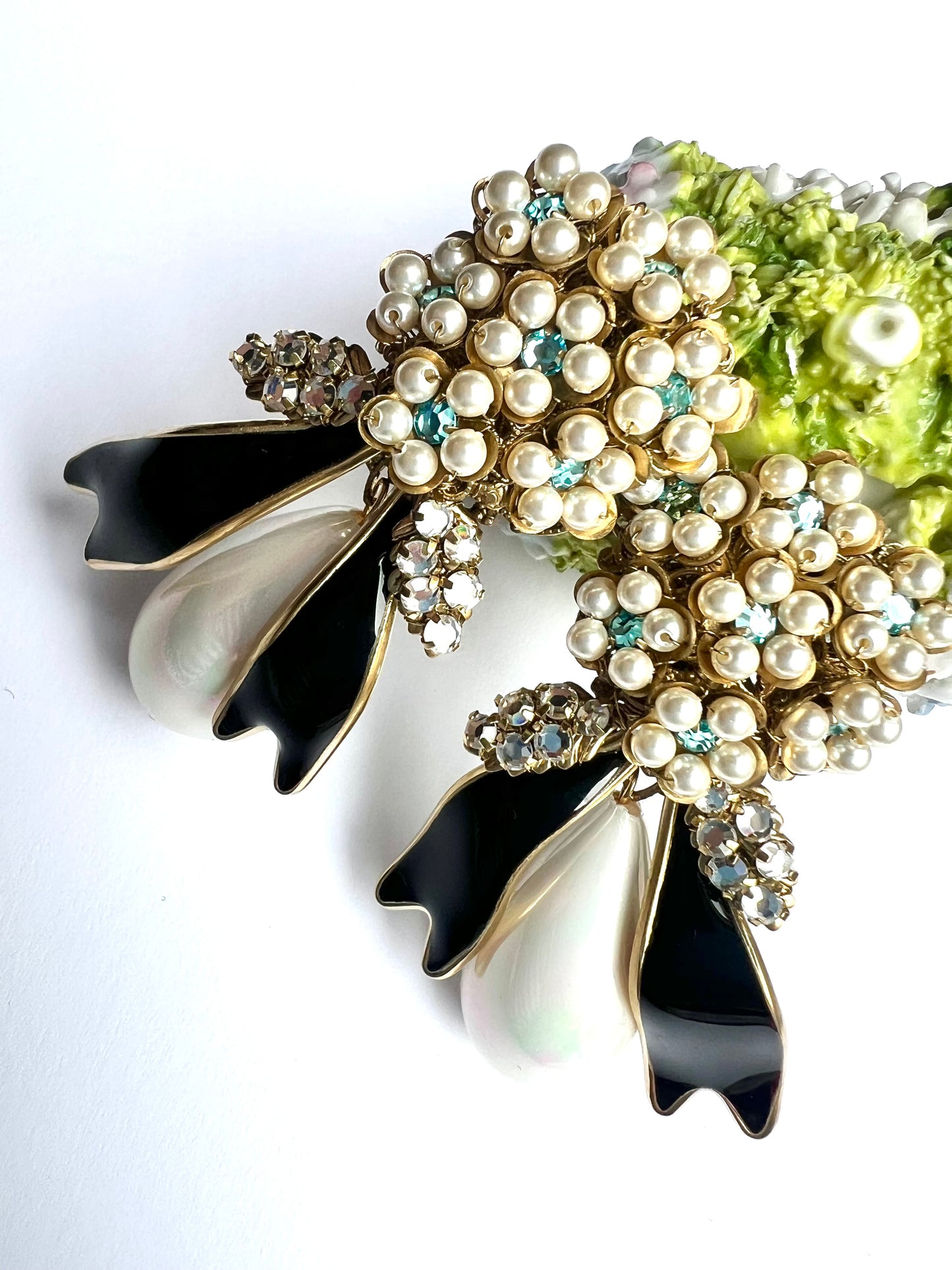 Hydrangea pearl bouquet earrings with poured black glass bow