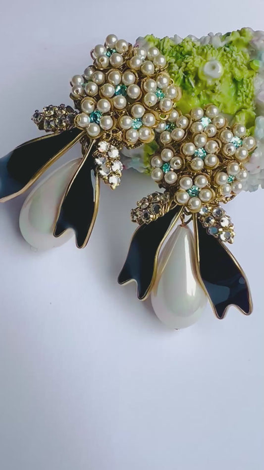 Hydrangea pearl bouquet earrings with poured black glass bow