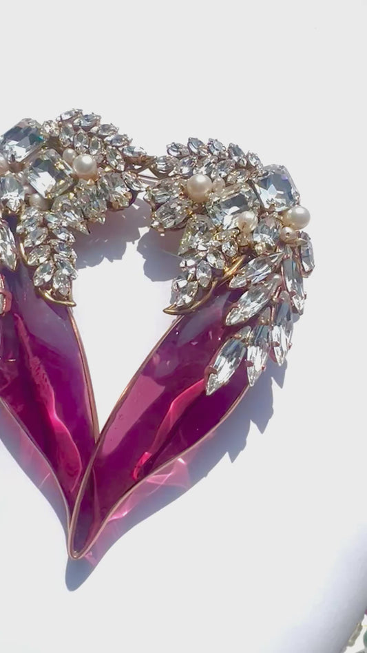Shocking pink poured glass heart brooch